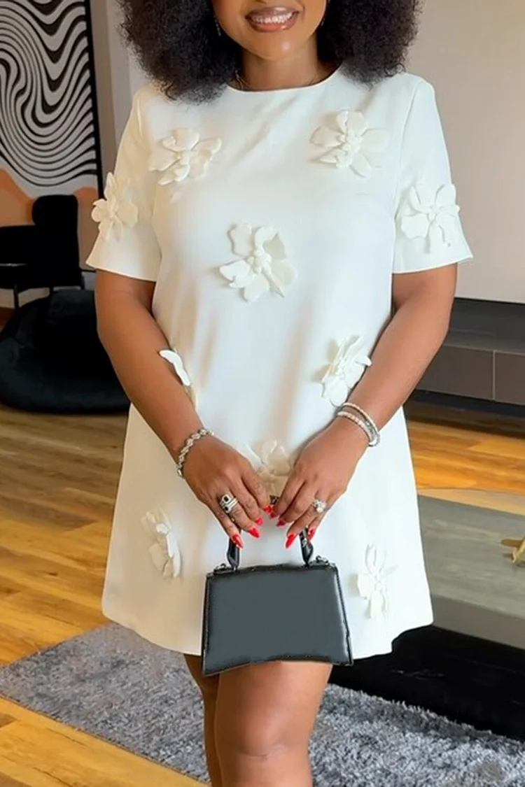 Plus Size Wedding Guest White Elegant Round Neck Short Sleeve 3D Midi Dresses [Pre-Order] 2024 - Xpluswear