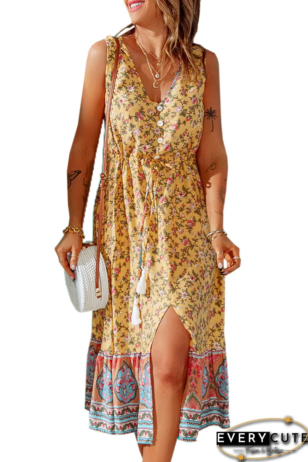 Yellow V Neck Buttoned Sleeveless Floral Dress