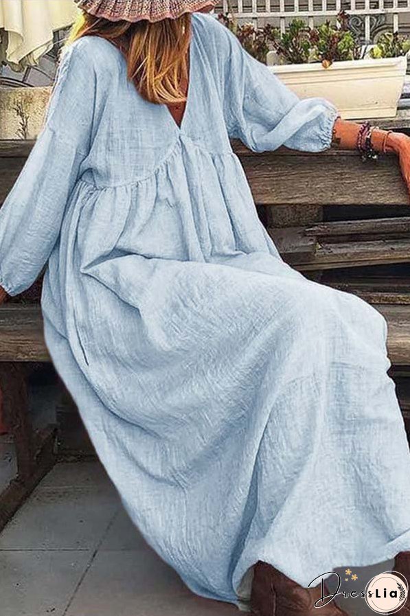 Fashionable V-neck loose casual dress solid color vacation style cotton and linen dress