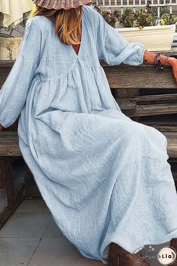 Fashionable V-neck loose casual dress solid color vacation style cotton and linen dress