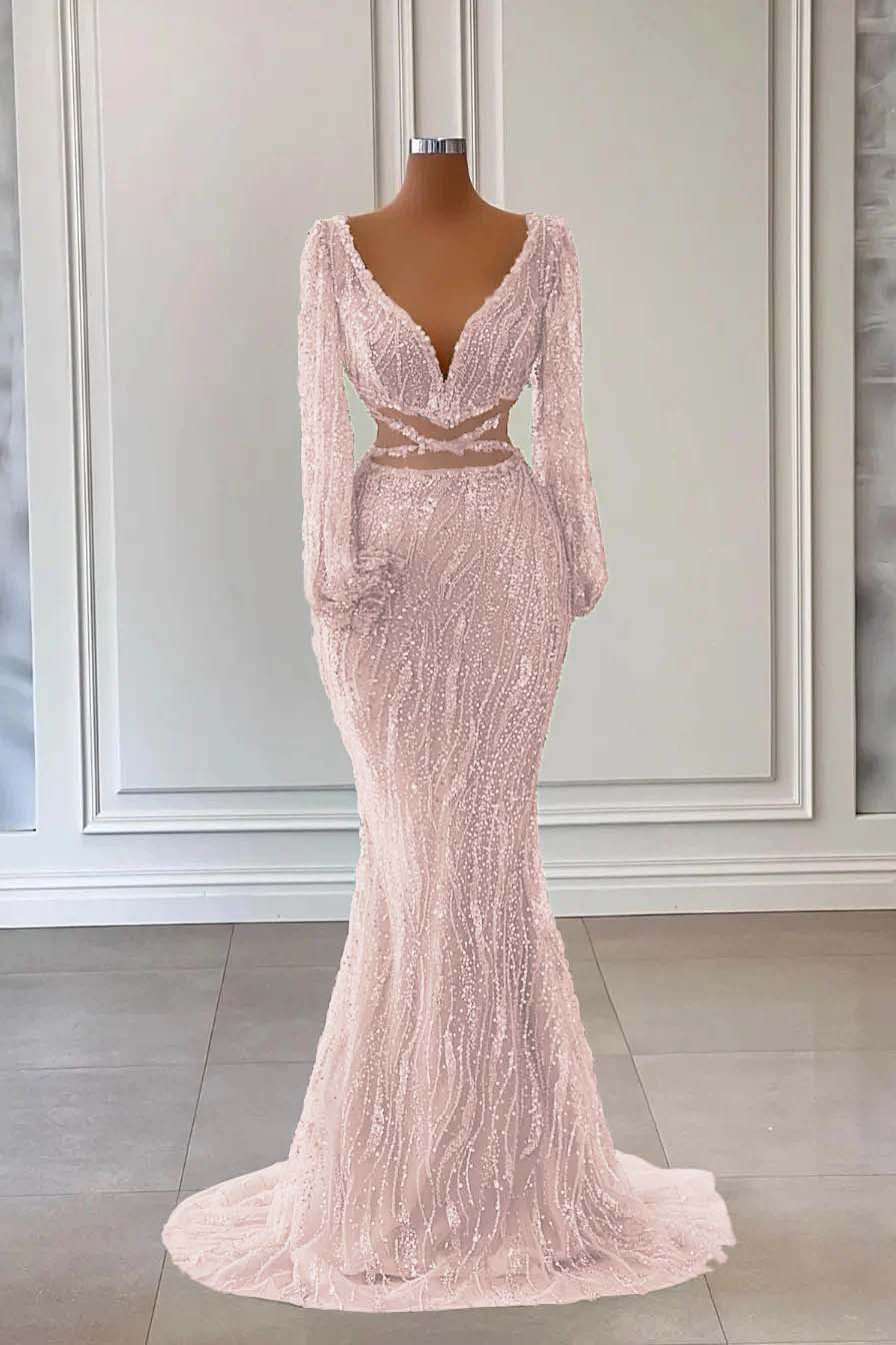 Hidais Light Green Long Sleeves V Neck Mermaid Evening Dress With Sequins Beading