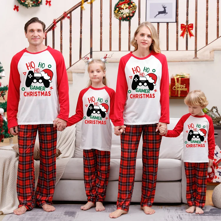 'Ho Ho Ho Christmas Game' Red Plaid Family Matching Pajamas Sets