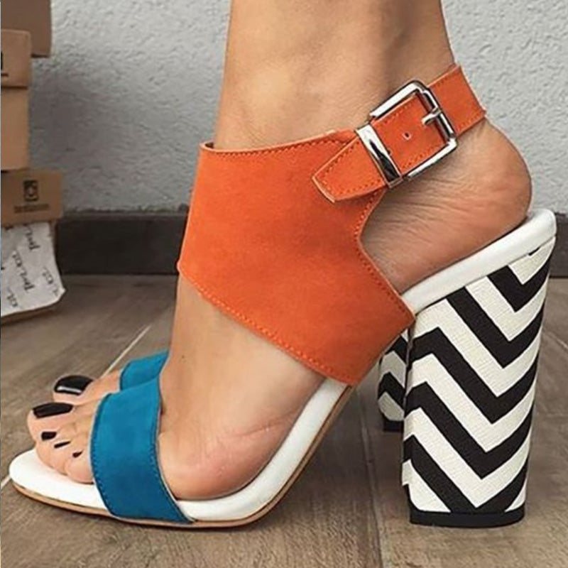 GOOSHOE Colorbock Suede Stripes Open Toe Chunky Heel Sandals