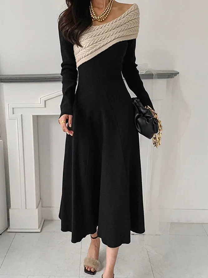 Chic Long Sleeve Black Midi Dress