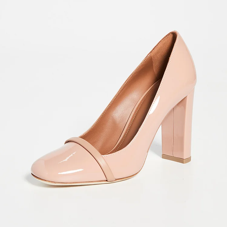Nude Patent Leather Chunky Heels Pumps |FSJ Shoes
