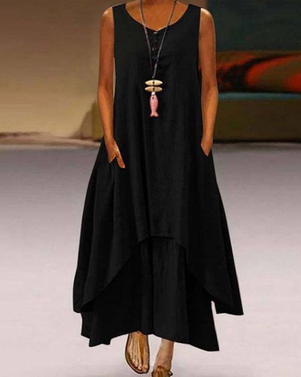 Plus Size Solid Sleeveless A-Line Asymmetrical Maxi Dress - Chicaggo
