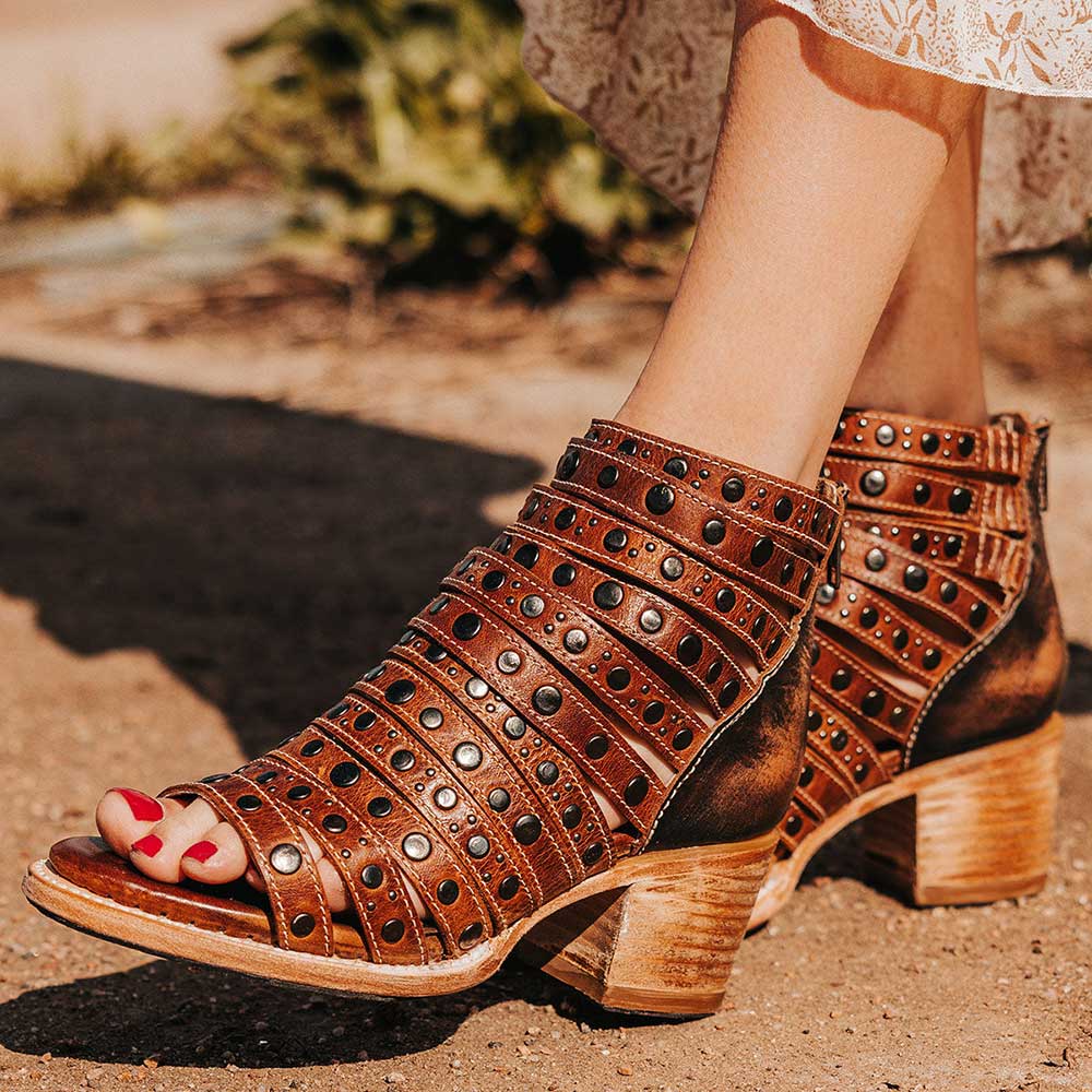 Brown Vegan Leather Studded Multiple Strap Back-Zip Ankle Boots    Nicepairs