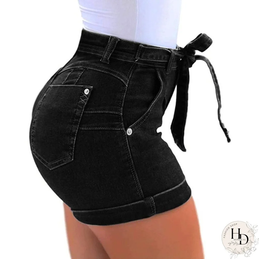 Women's mid-Waist Denim Belt Washed Denim Shorts Slim fit Casual Classic Shorts Jeans Summer Denim Shorts