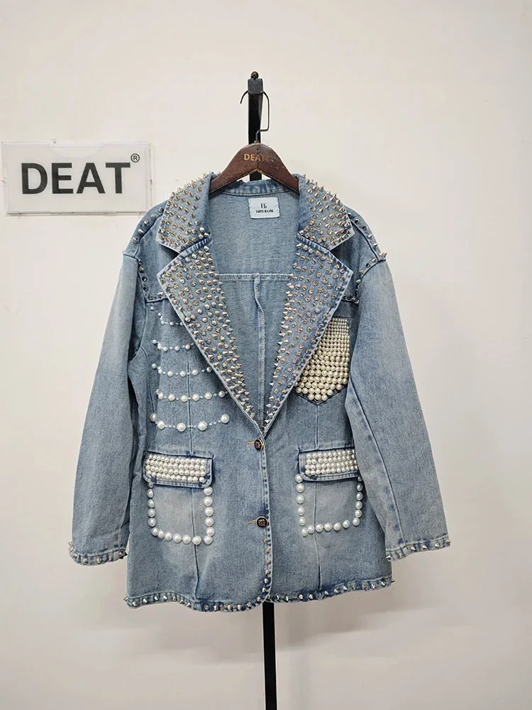 Huibahe Women Denim Blazers Patchwork Notched Collar Pearls Diamond Embroidered Flares Suit Jackets 2024 Summer New Fashion 29L6434