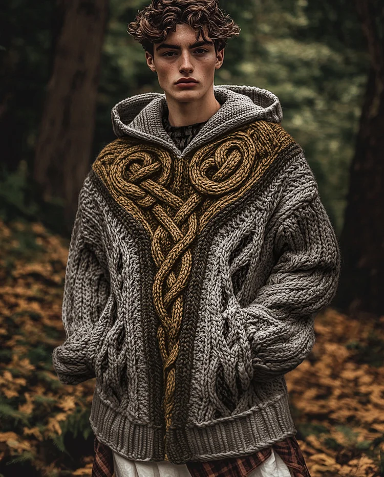 VChics Men's Vintage Irish Celtic Knot Jacquard Mottled Hooded Sweater