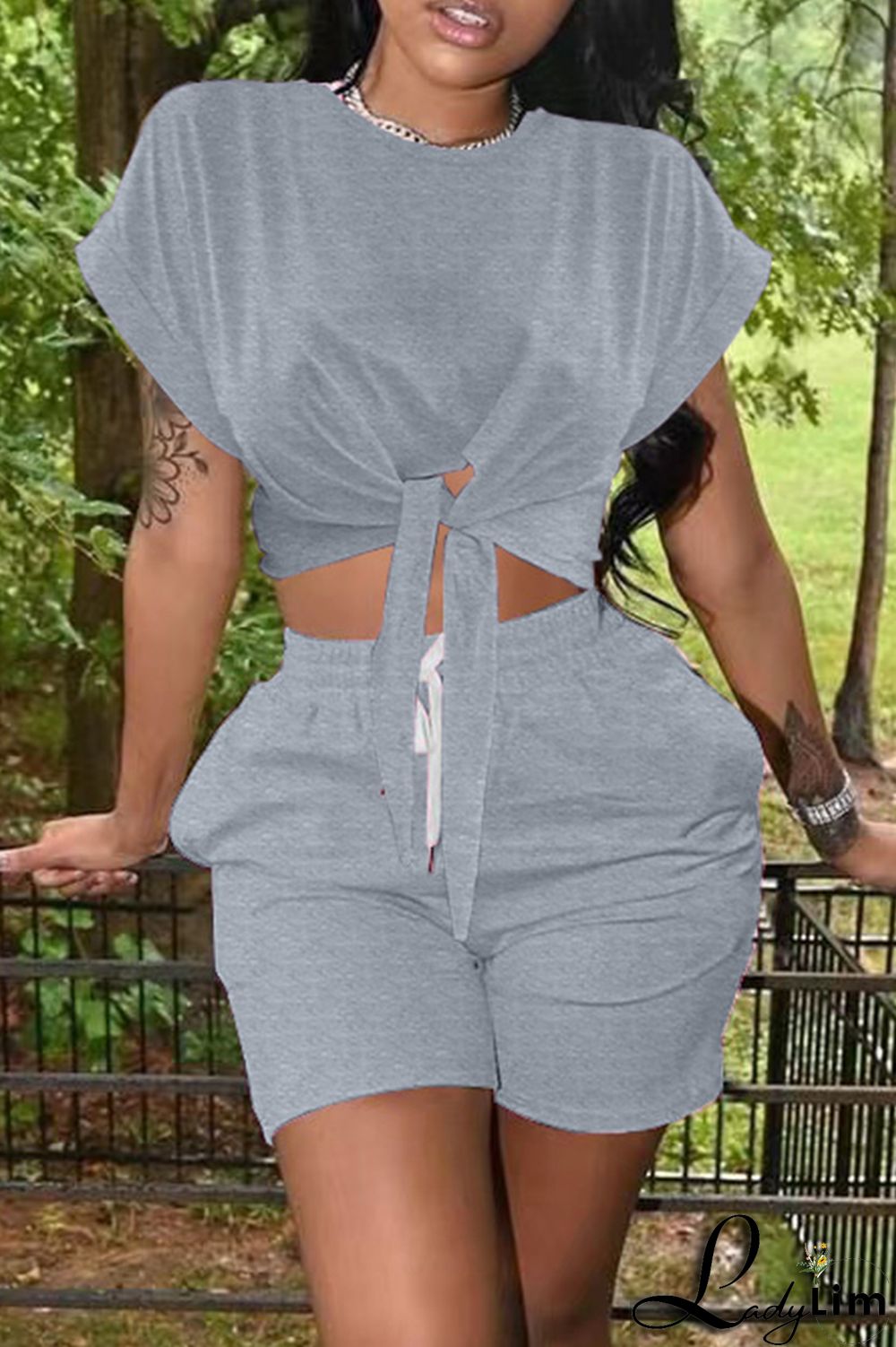 Black Fashion Casual Solid Bandage O Neck Short Sleeve Two Pieces