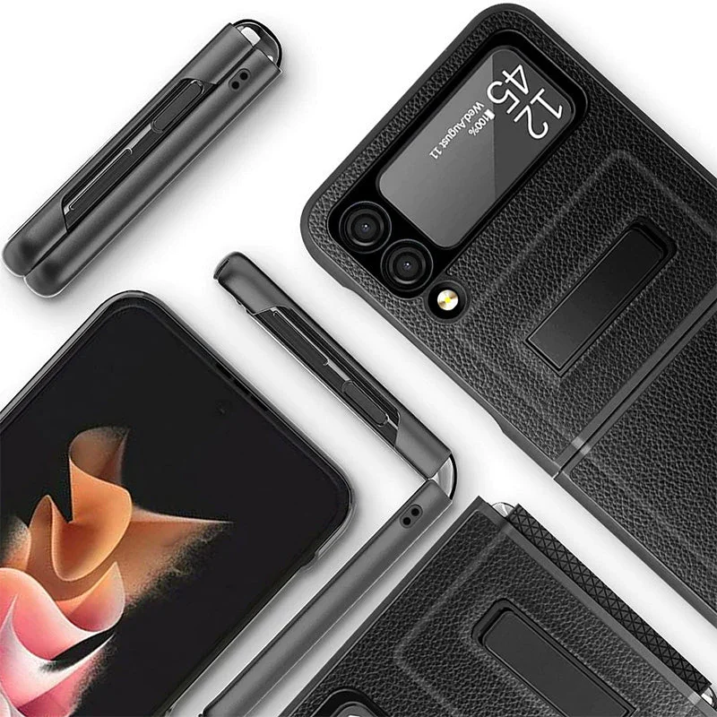 For Samsung Z Flip 3/4 Lychee Pattern Hinge Invisible Kickstand Phone Case