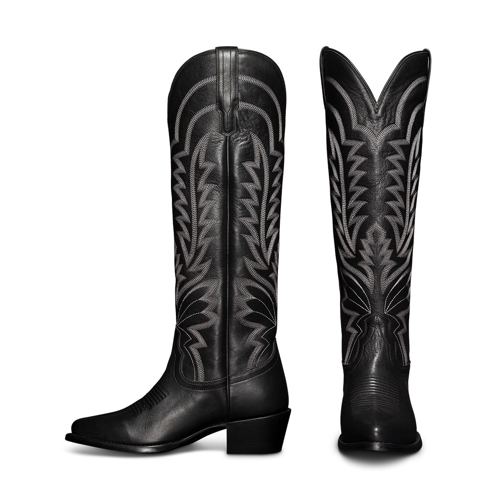 Black Pointed Toe Chunky Heel Embroidered Knee-High Cowgirl Boots Nicepairs