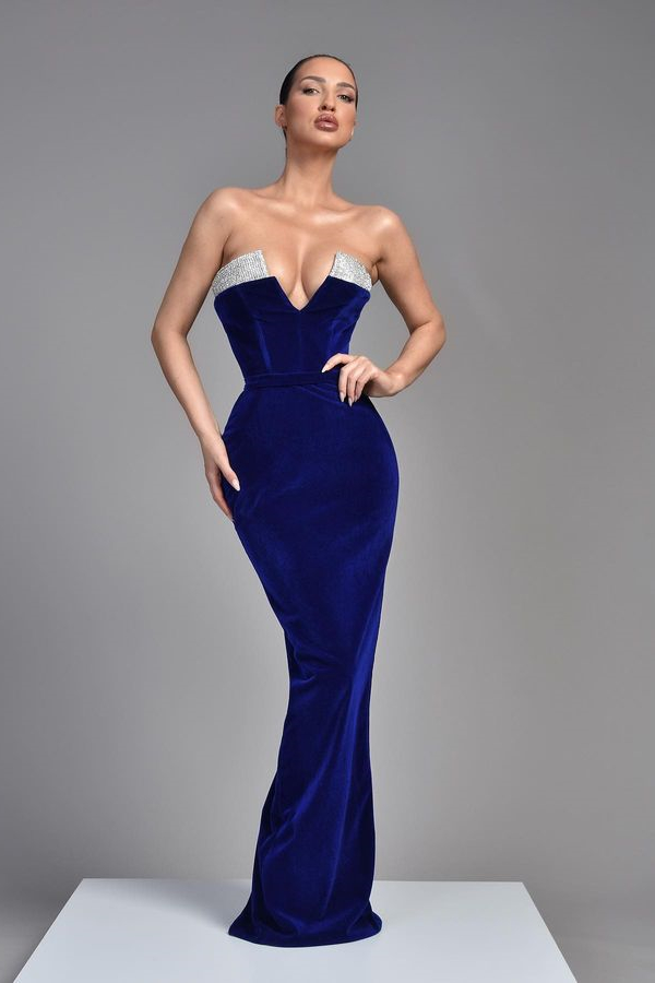 Bellasprom V-Neck Sleeveless Mermaid Prom Dress Royal Blue Velvet Bellasprom