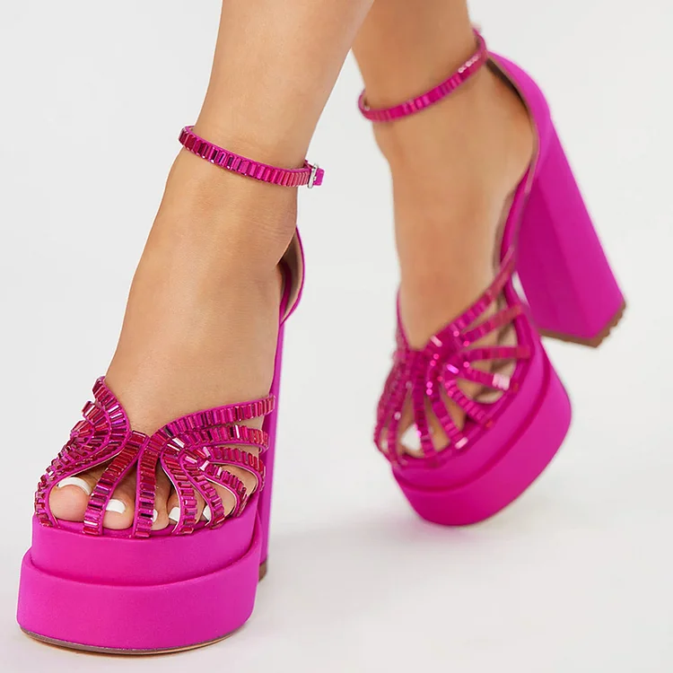Fuchsia Ankle Strap Platform Sandals Prom Gem Sparkling Heels |FSJ Shoes