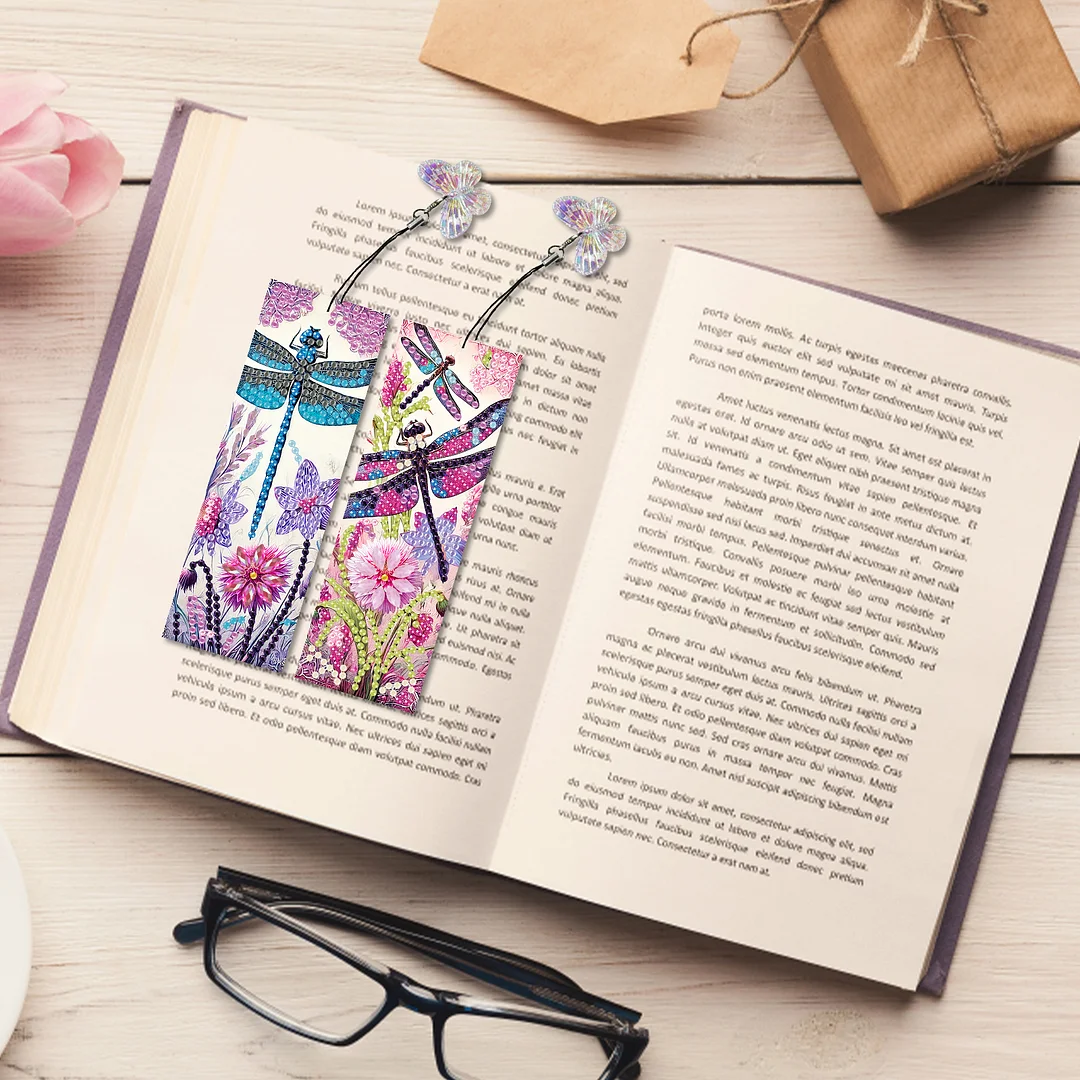 12Pcs Dragonflies Flowers DIY Diamond Art Painting Bookmark for Beginners Adult