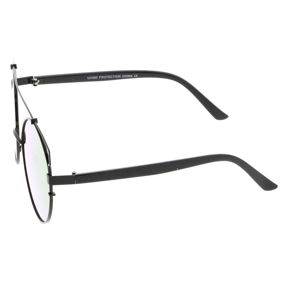 Oversize Metal Frame Horn Rimmed Crossbar Mirror Flat Lens Round glasses 62mm