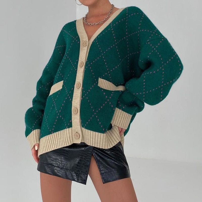 Forefair Knitted Oversized Houndstooth Cardigan Sweater for Women 2021 Autumn Winter V Neck Long Sleeve Women's Cardigans