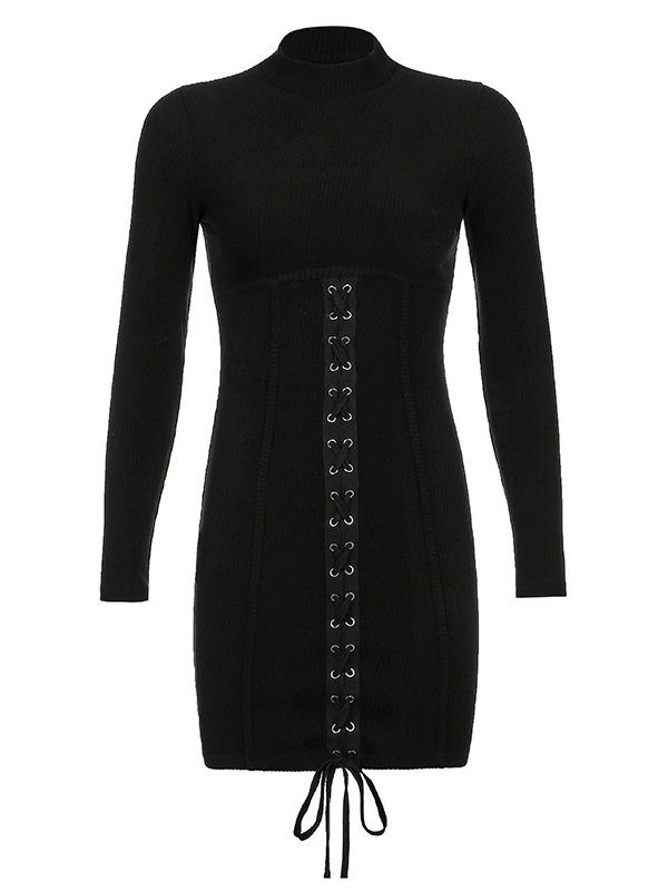 Trendy Lace Up Knitted Black Bodycon Dress