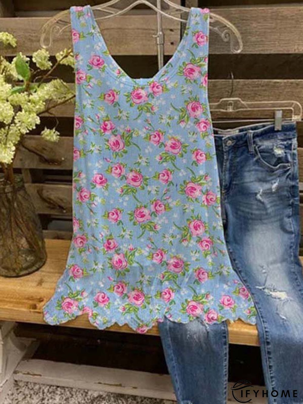 Crew Neck Floral-Print Casual Shirts & Tops | IFYHOME