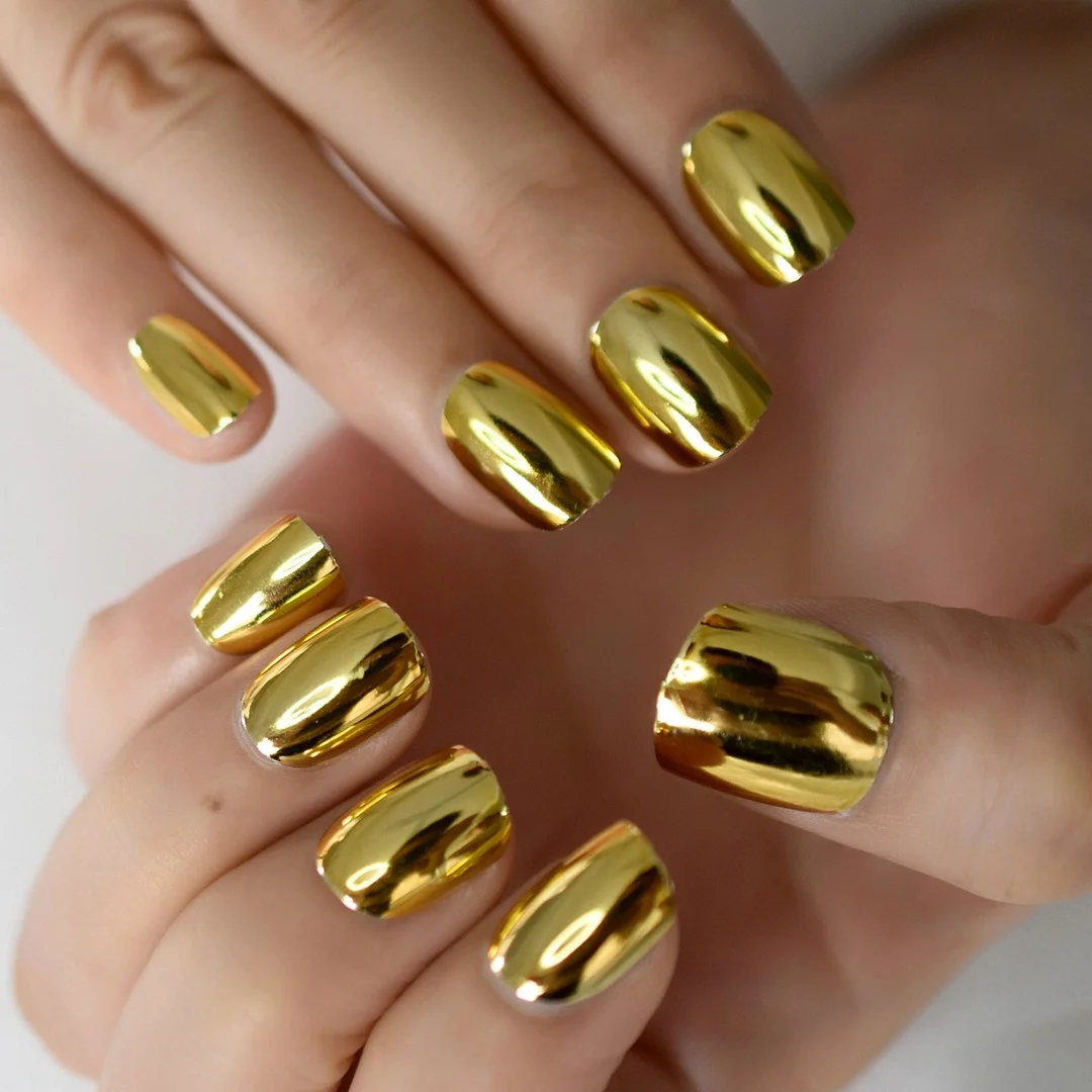 Chrome Fake Nails Press On Square Nails Full Cover Fingernails Green Electroplate Design Short Style With Glue Sticker Manicure-Nail Inspo