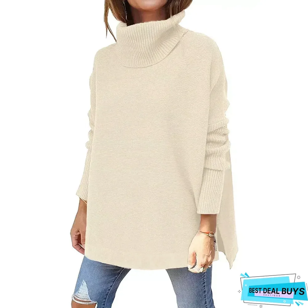 High Neck Bat Wing Sleeve Split Hem Waistband Pullover Sweater