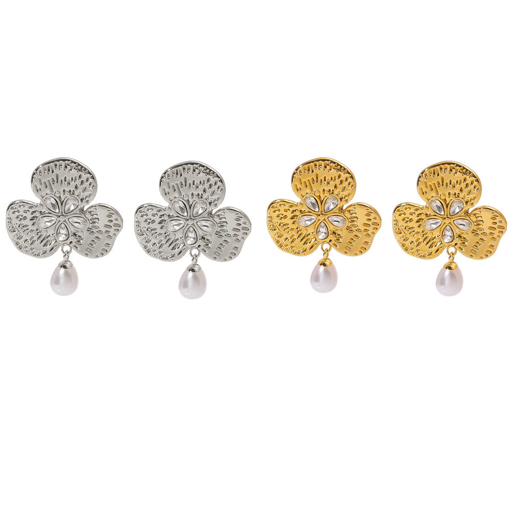 Stainless Steel French Retro Palace Style Clover Earrings Versatile Diamond Pearl Flower Earrings For Women