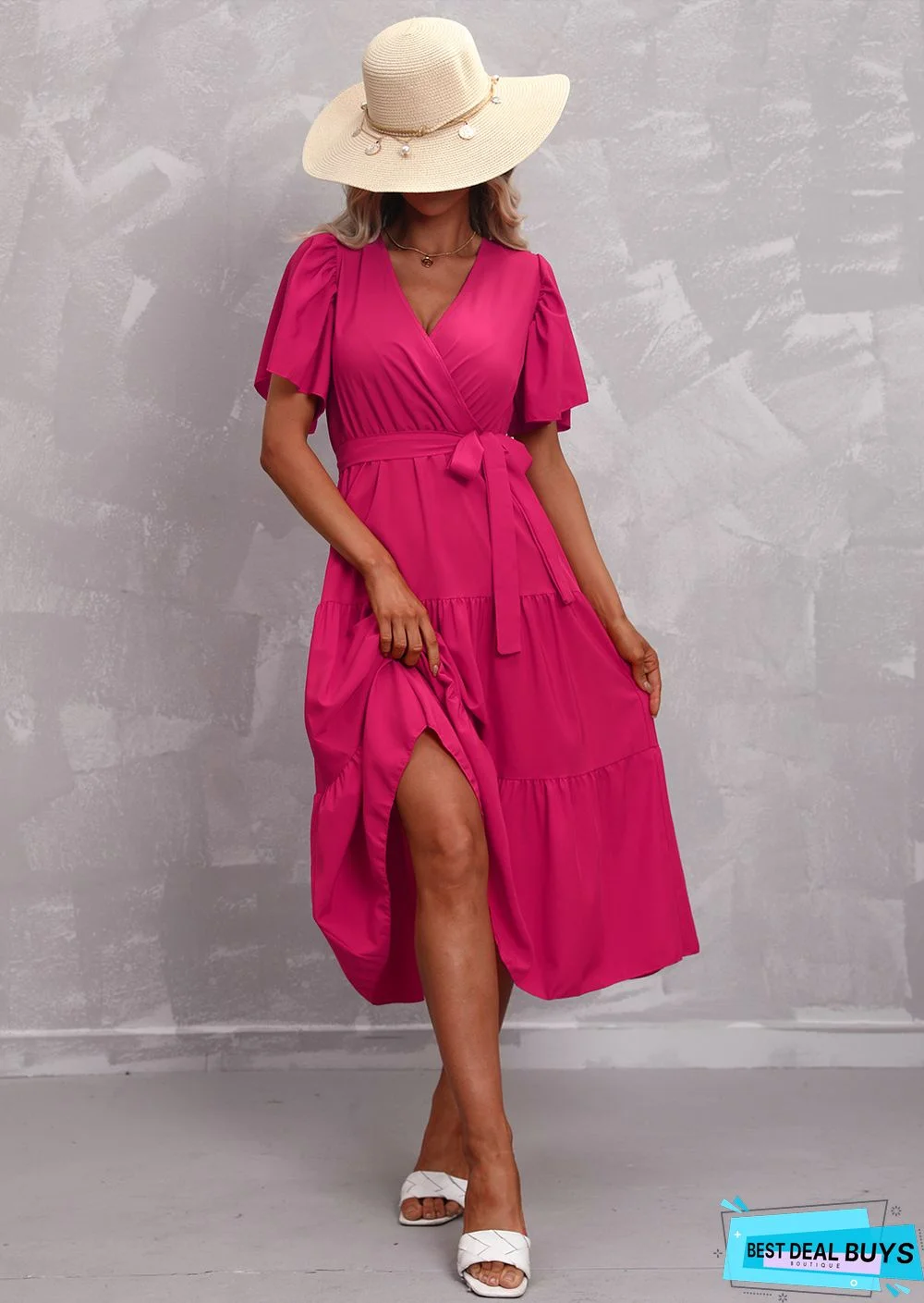 Women's Solid Color V-neck Short Sleeve Dress