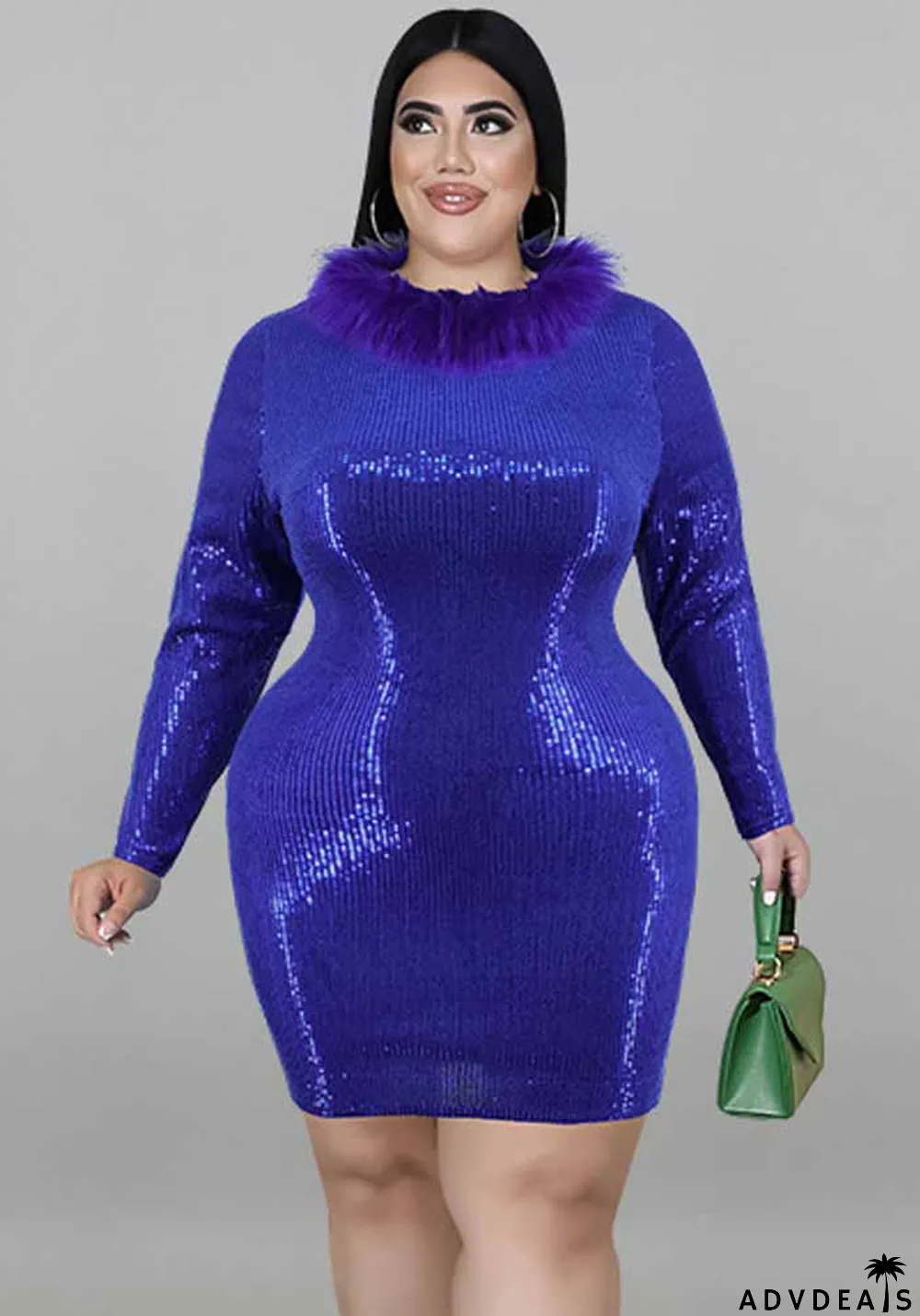Plus Size Autumn Women's Fur Collar Velvet Bottom Embroidered Sequin Dress