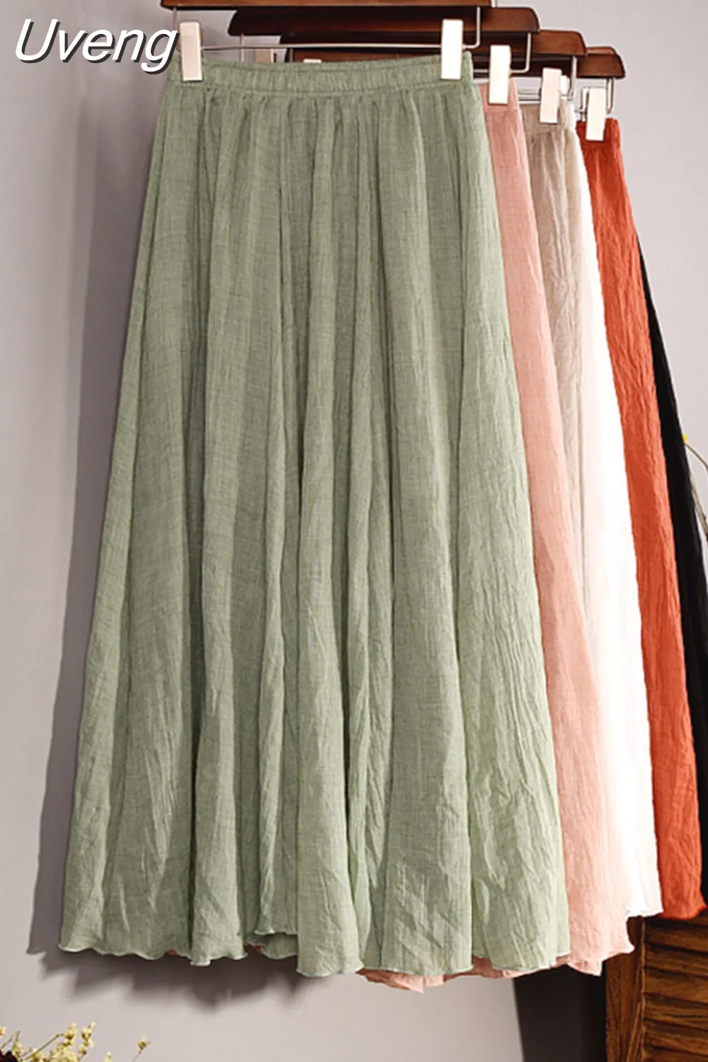 Uveng Women's Elegant 16 Color High Waist Elastic Waist Linen Pleated Long Skirts Ladies Slim Casual Skirt Saias New 2023 Summer SK05