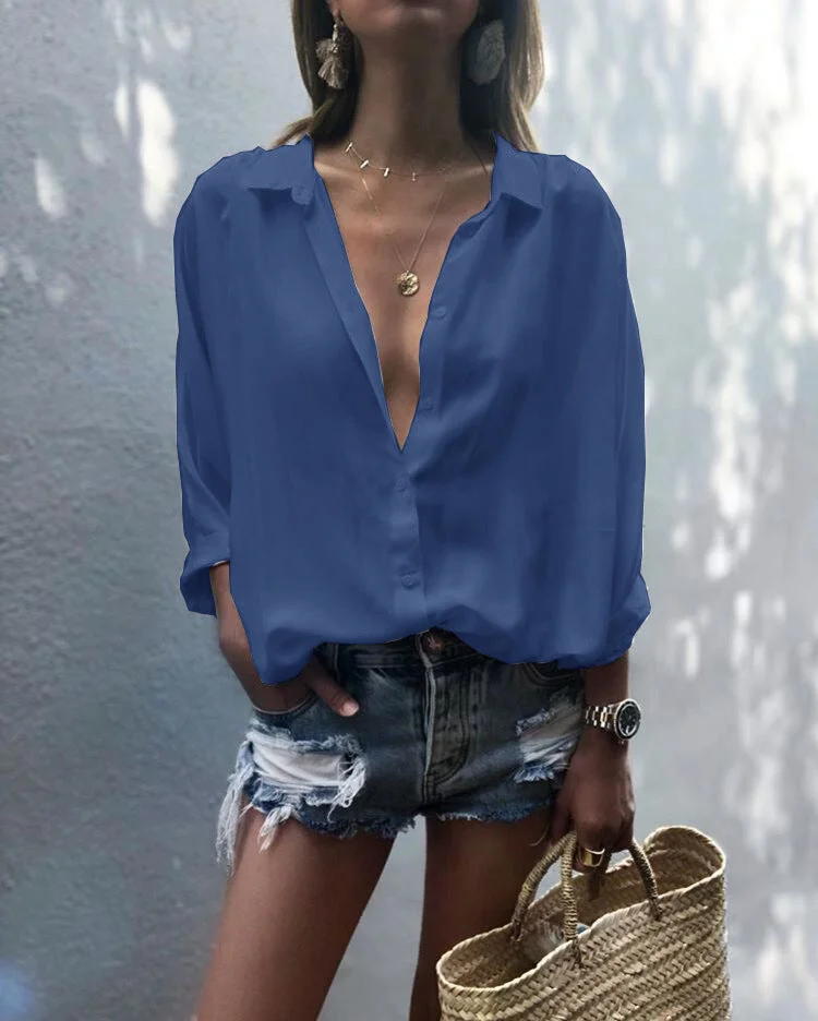 Uveng Solid Color Deep V-neck Buttons Chiffon Shirt