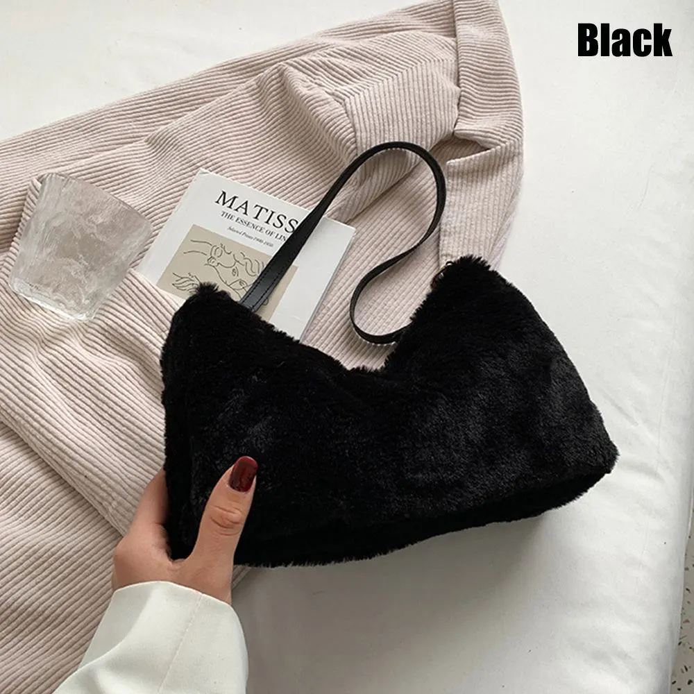 Retro Solid Underarm Bags For Women 2022 Soft Plush Shoulder Bags Female Large Capacity Travel Bag Winter Warm Fluffy Totes Gift