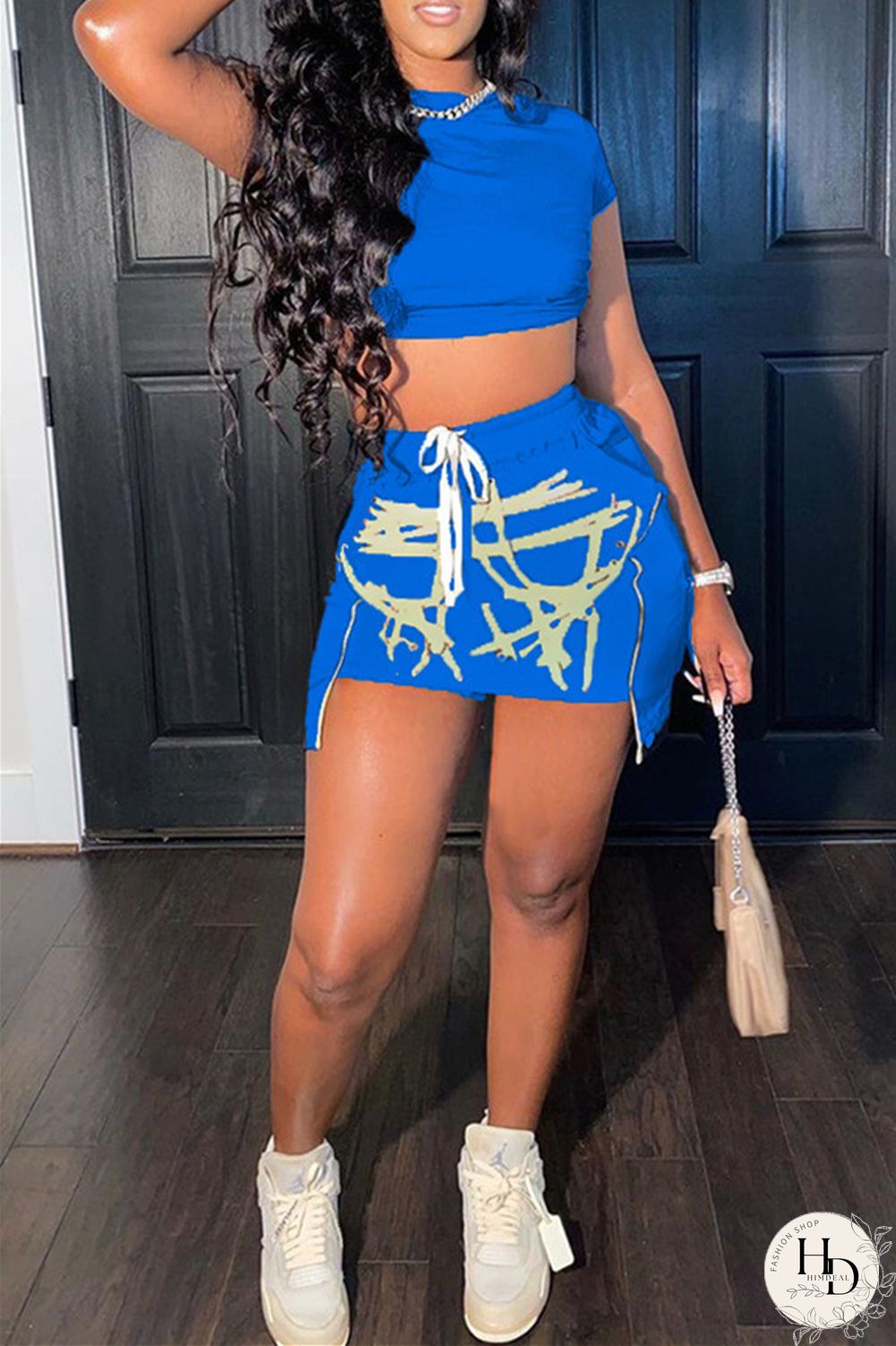 Red Fashion Sexy Print Asymmetrical O Neck Short Sleeve Two Pieces