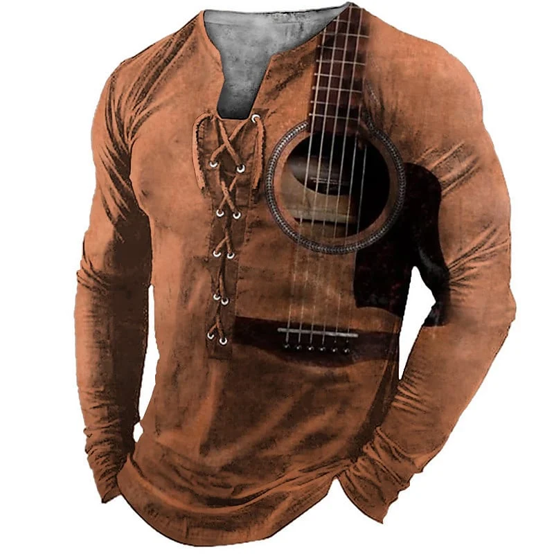 Retro Strappy Guitar Print Casual Long Sleeve T-Shirt