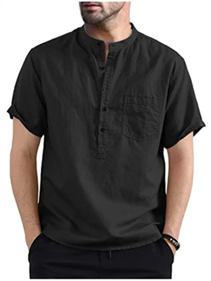 Cotton Linen Shirt Summer Men's Solid Color Pocket Short Sleeve Shirt Tops White Black Blue Pink-Cosfine