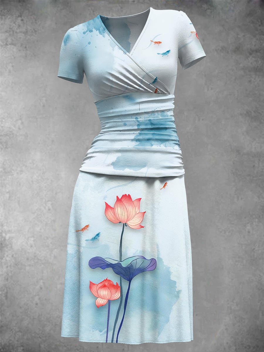 Women's Vintage Floral Art Print V-Neck Midi Dress