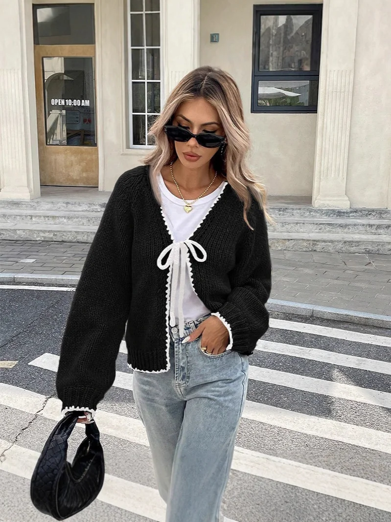 Athvotar Athvotar And Winter Sweater Women's New Knitted Shirt Loose Long-Sleeved Bow Tied With Cardigan Coat Top Woman
