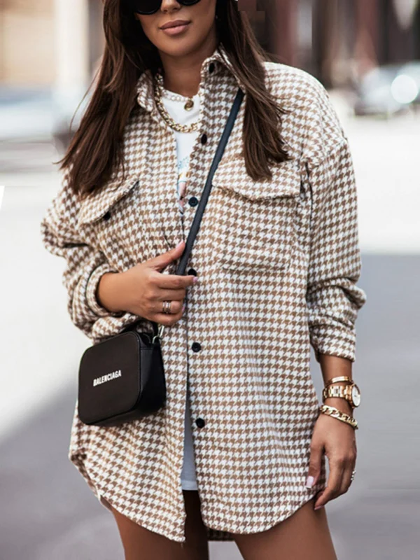 Women's Fashion Houndstooth Brushed Wool Shirt Jacket Flusfy