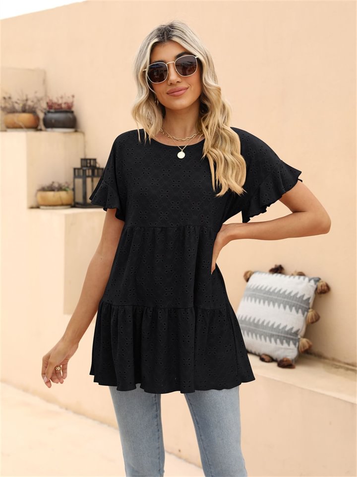 Women's Summer New Round Neck Hollow Jacquard Women's Sweet Doll Shirt Tops -vasmok