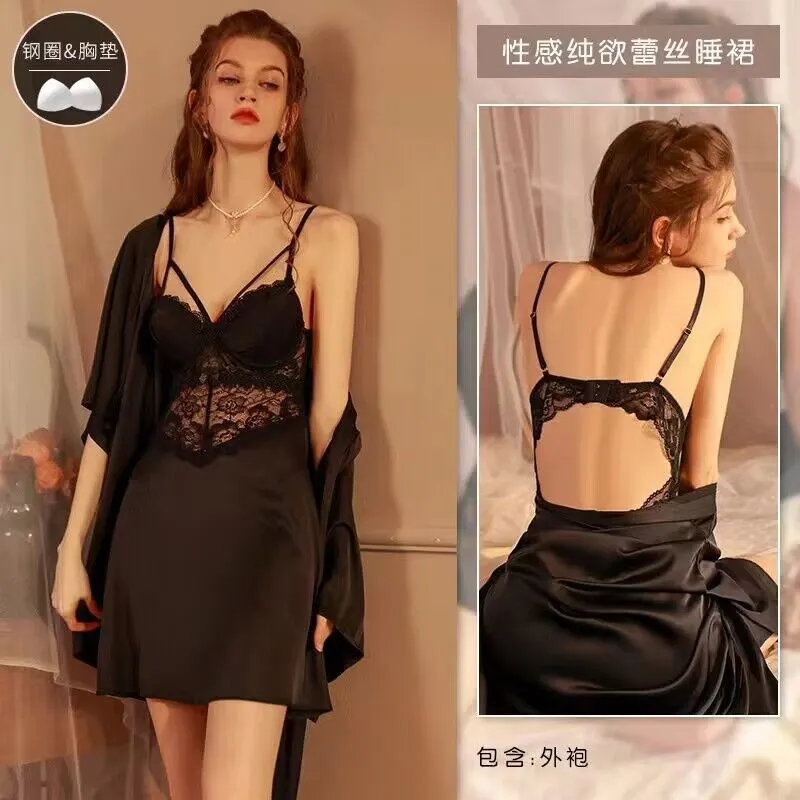 Brownm New Home Net Red Pyjale Sex Dress Sex Suit Deep V Sexy Lace Perspective Sling With Pajamas Open Fork Woman Seduction Summer