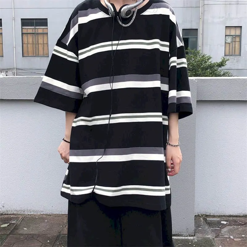 Cotton Short-sleeved T-shirt Women T Shirt Couple  Japanese Simple Striped Half-sleeved Summer Korean Loose Student Black Top