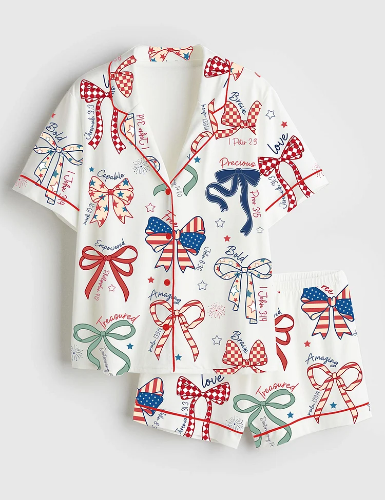Women&rsquo;s America Coquette USA 4th Of July Girly Patriotic Independence Day Print Short Sleeve Satin Pajama Set
