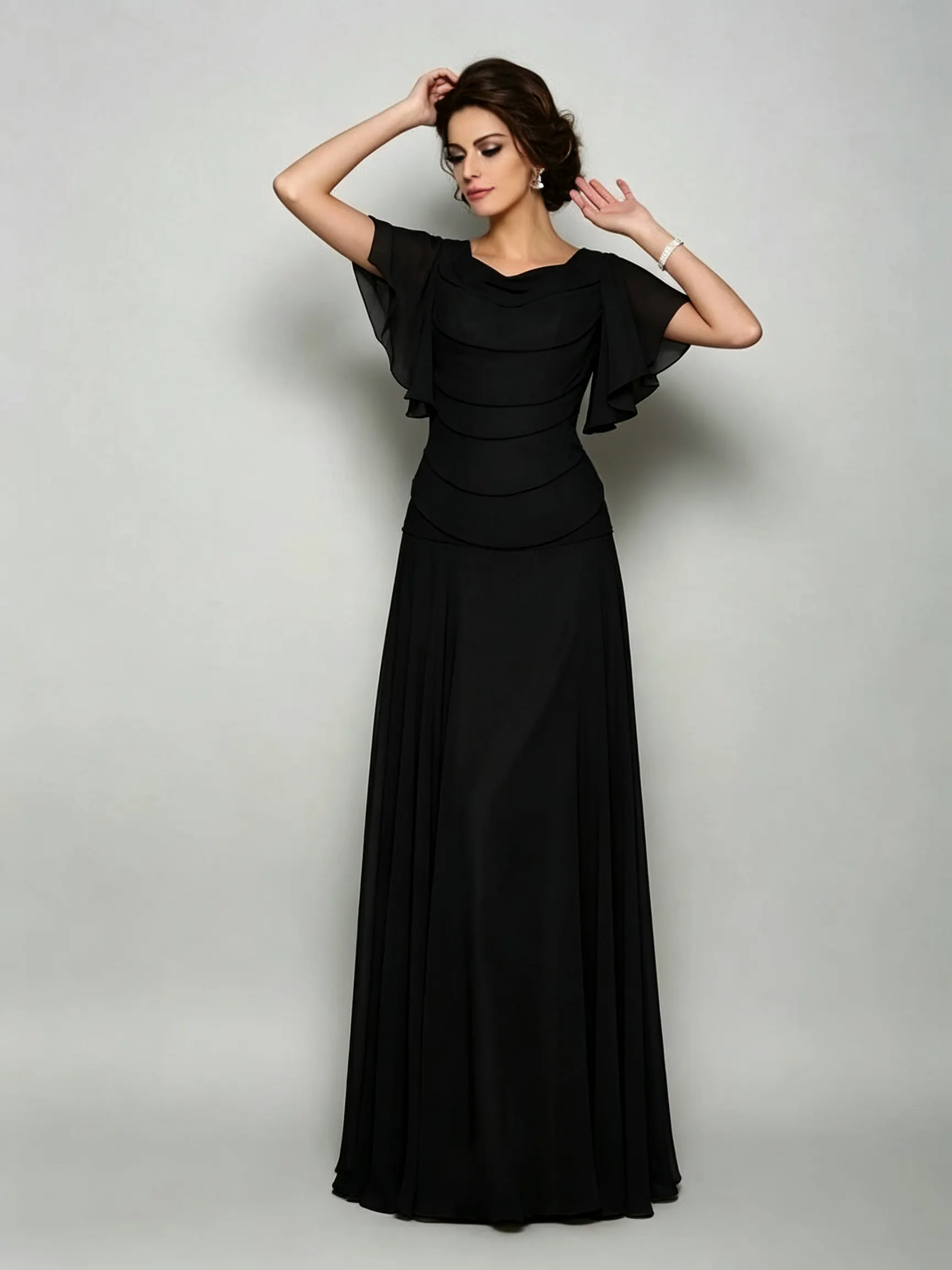 Daisda Chiffon Square Neck Short Sleeves Long A-Line Mother Of The Bride Dress With Pleated