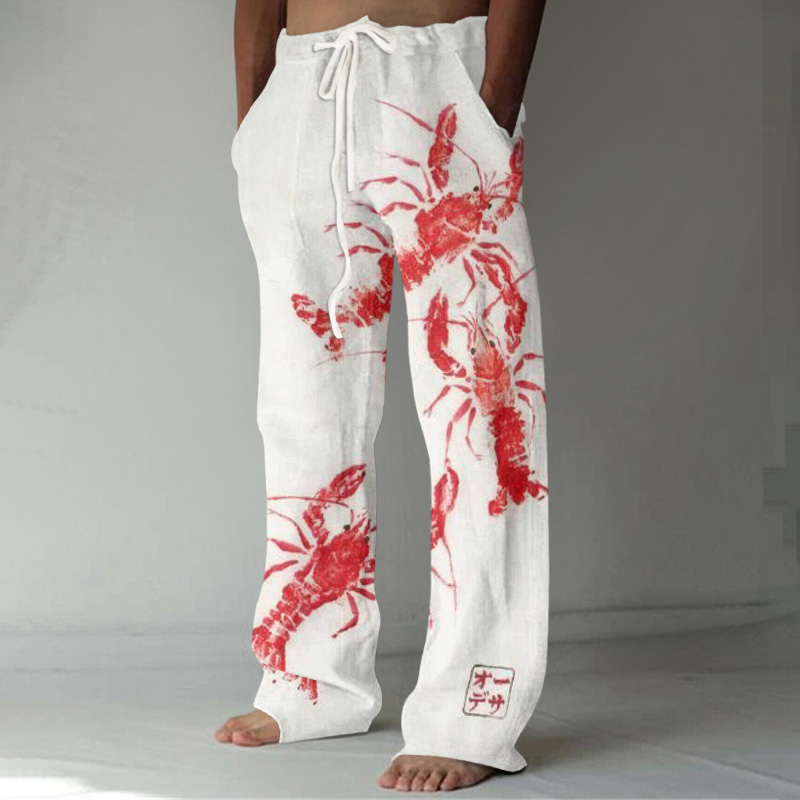 Comstylish Japanese Art Lobster Print Casual Linen Blend Pants