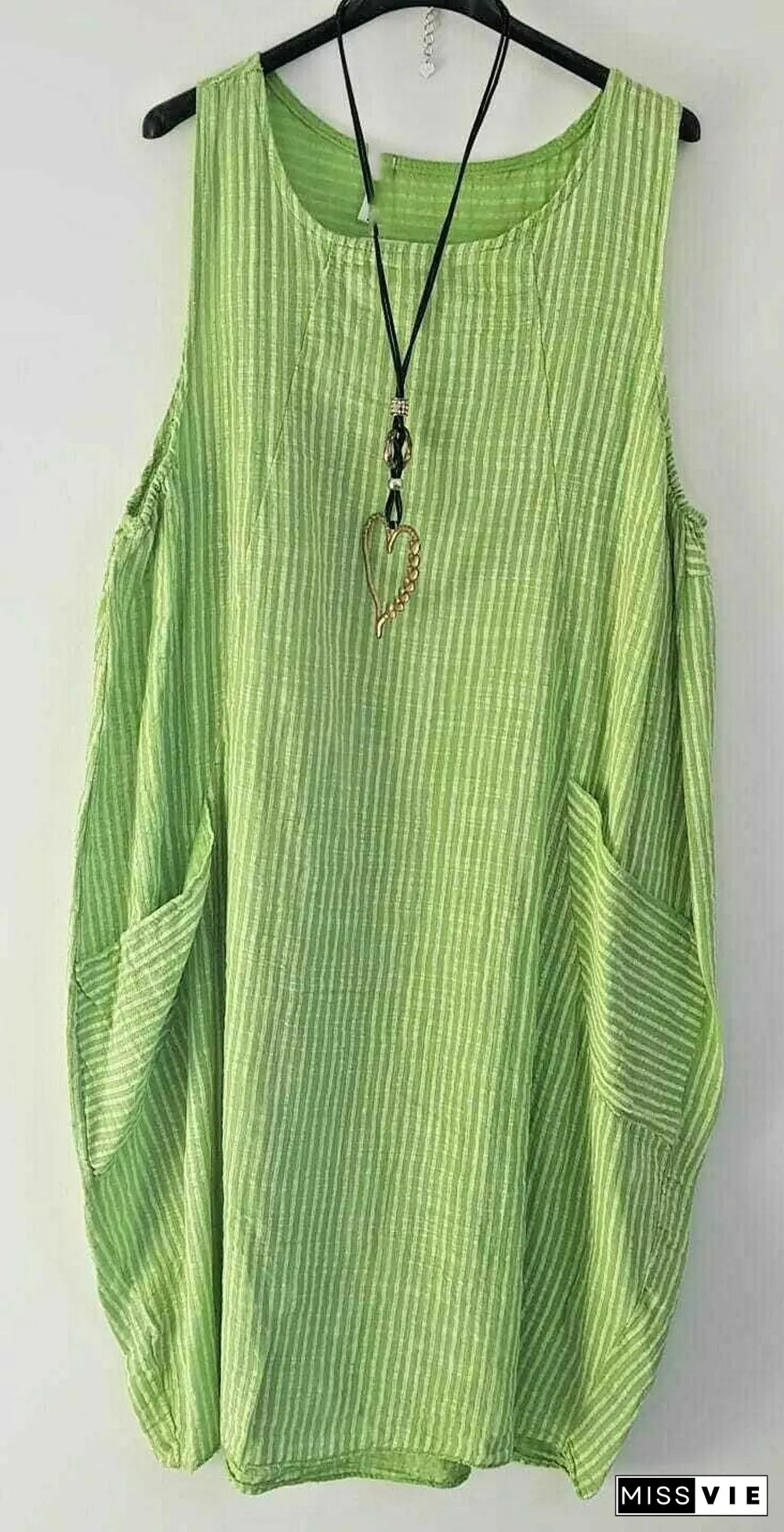 Ladies Stripe Design Summer Linen Cotton Long Pocket Top