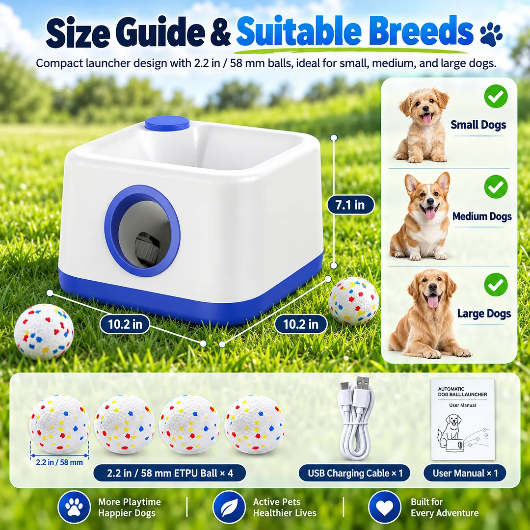 BEBANG Automatic Dog Ball Launcher, 2-in-1 Auto & Manual Modes, Rechargeable Fetch Machine, 20/30/40ft Adjustable Distances & Random Mode, 58mm Etpu Balls for Indoor Outdoor Play