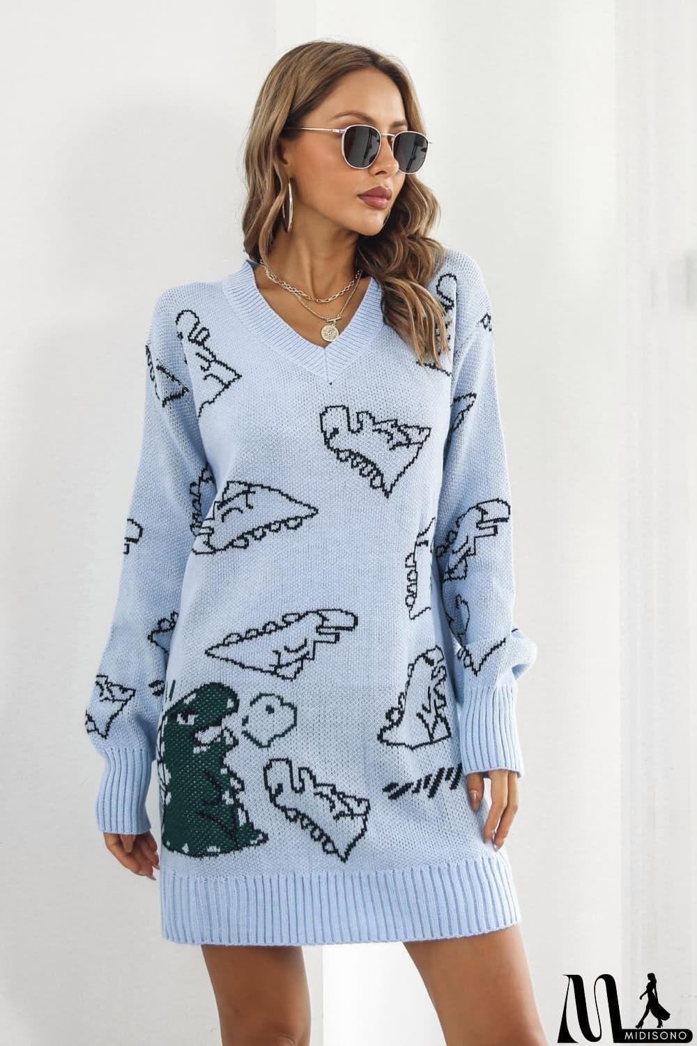 MidiSono - Dinosaur Pattern V-Neck Sweater Dress