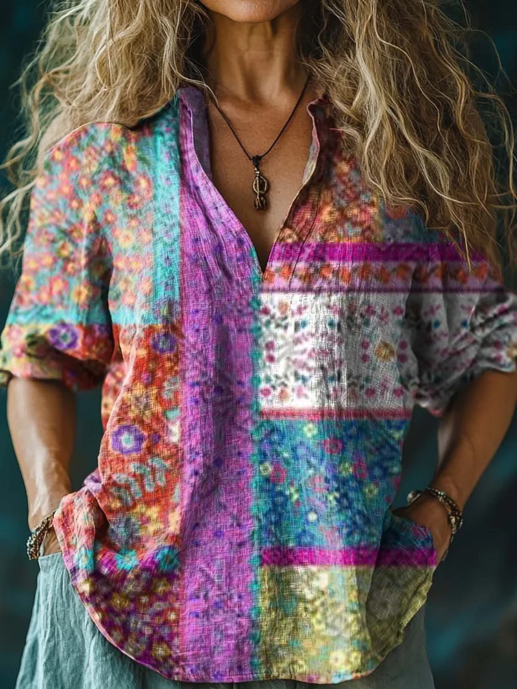 Women's Floral Panel Art Print Casual Linen V Neck Shirt
