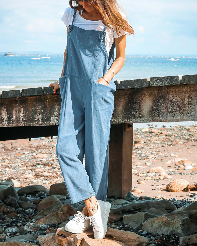 Bow Detail Shoulder Strap Solid Color Side Pockets Jumpsuit