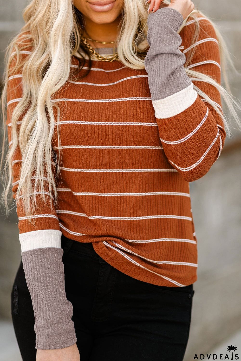 Extend Color Block Cuffs Rib Knit Striped Pullover